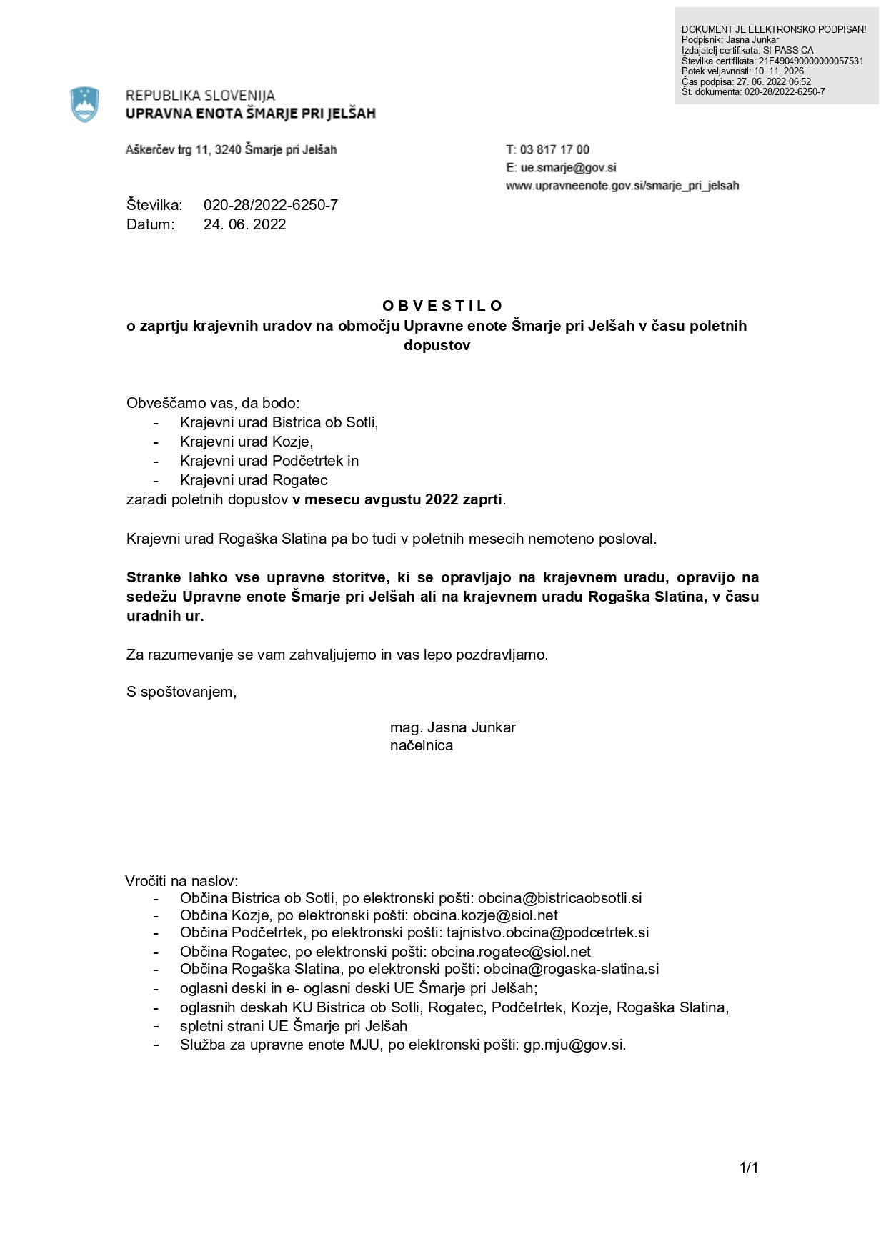 Delovni čas krajevnih uradov v času dopustov